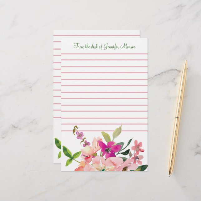 Pink watercolor flowers personalized lined stationery (Front/Back In Situ)