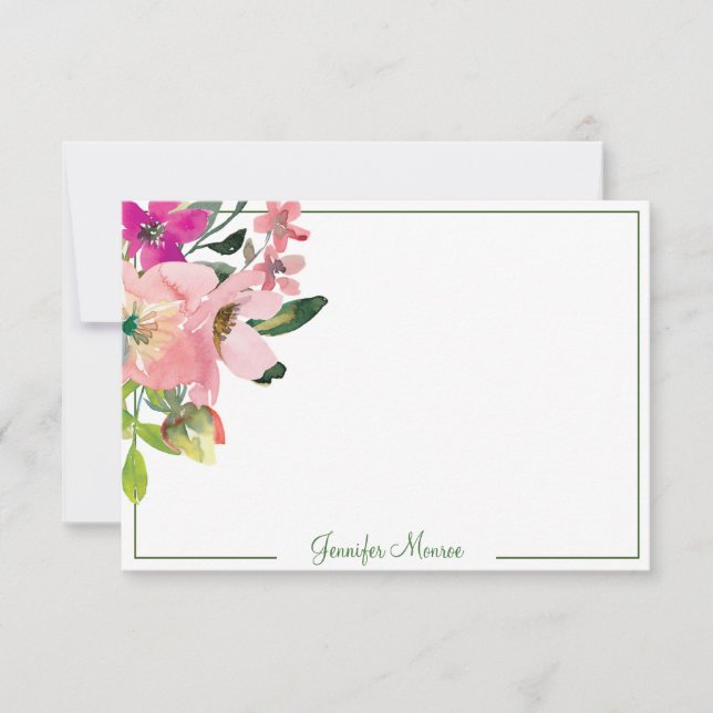 Pink watercolor flowers personalized  note card (Front)