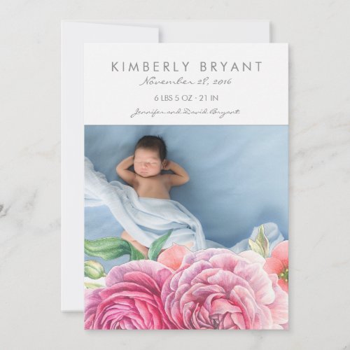 Pink Watercolor Flowers Photo Baby Girl Birth Announcement