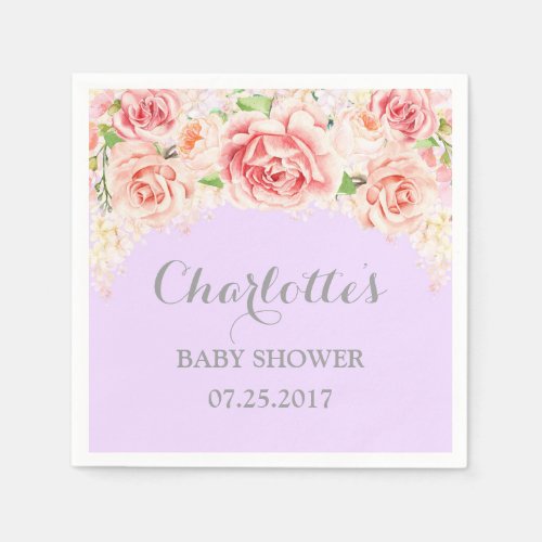 Pink Watercolor Flowers Purple Baby Shower Napkins