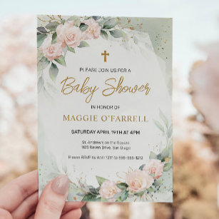 Pink Watercolor Flowers Religious Baby Shower Invitation