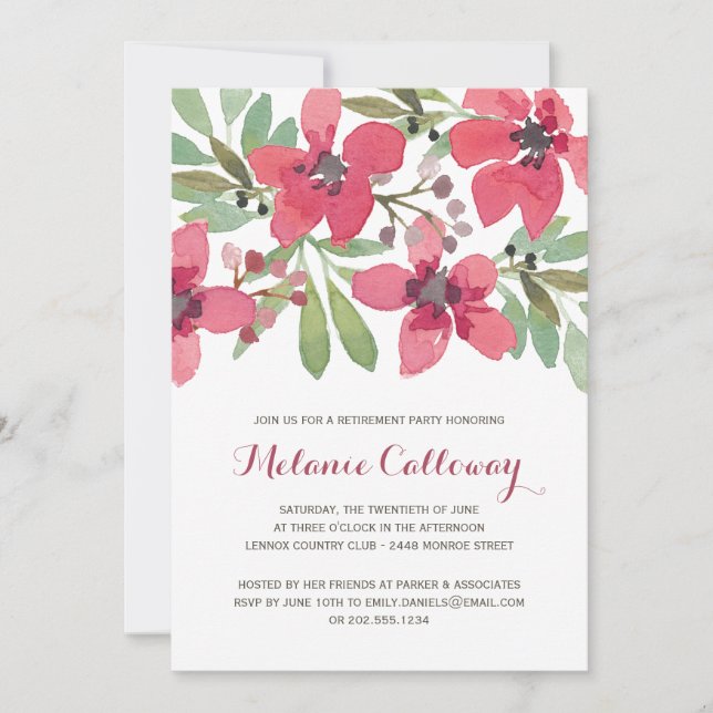 Pink Watercolor Flowers | Retirement Party Invitation (Front)