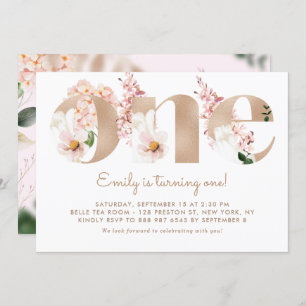 Pink Watercolor Flowers Rose Gold First Birthday Invitation
