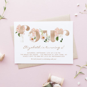 Pink Watercolor Flowers Rose Gold Fourth Birthday Invitation