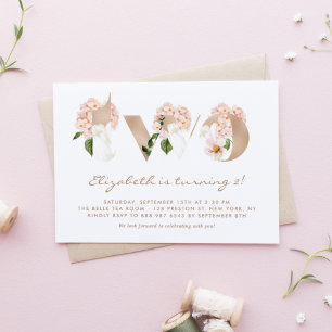Pink Watercolor Flowers Rose Gold Second Birthday Invitation