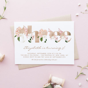 Pink Watercolor Flowers Rose Gold Third Birthday Invitation