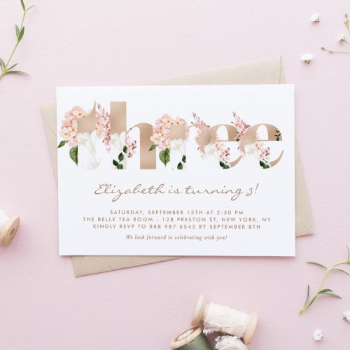 Pink Watercolor Flowers Rose Gold Third Birthday Invitation