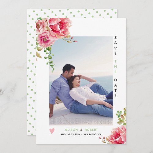 Pink watercolor flowers sage green leaves  photo save the date