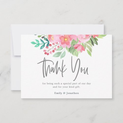 Pink Watercolor Flowers Script Photo Wedding Thank You Card