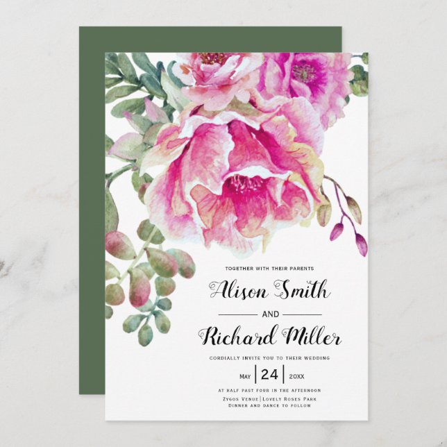 Pink watercolor flowers script typography wedding invitation (Front/Back)