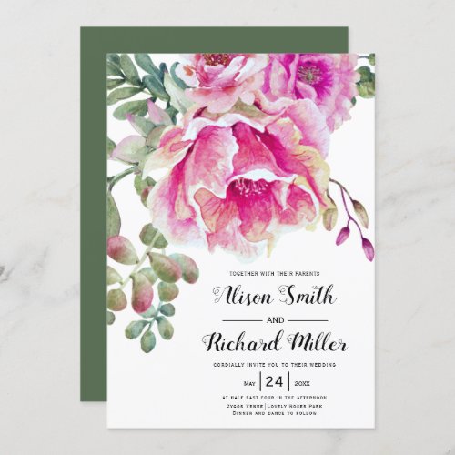 Pink watercolor flowers script typography wedding invitation