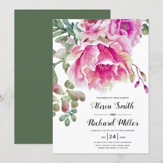 Pink watercolor flowers script typography wedding invitation