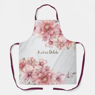 Pink Watercolor Flowers Shiny Glitter Modern Apron
