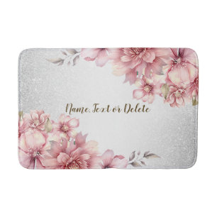Pink Watercolor Flowers Shiny Glitter Modern Bath Mat
