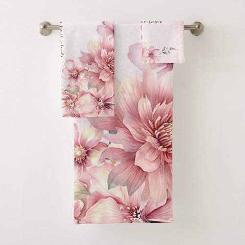 Pink Watercolor Flowers Shiny Glitter Modern Bath Towel Set