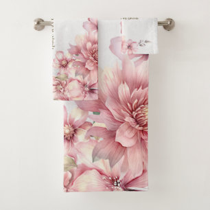 Pink Watercolor Flowers Shiny Glitter Modern Bath Towel Set