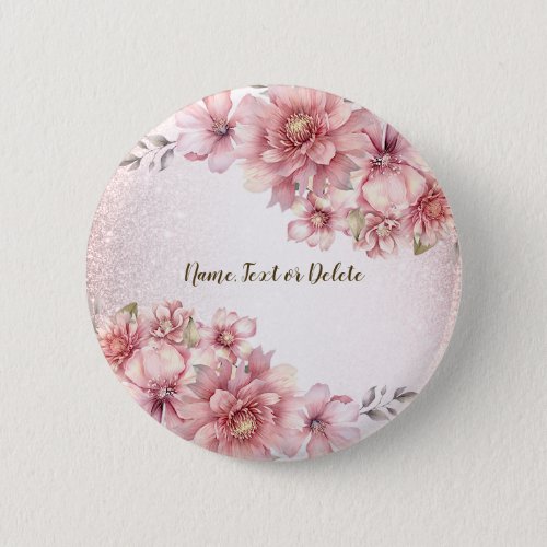 Pink Watercolor Flowers Shiny Glitter Modern Button