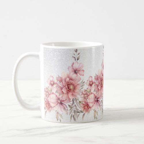 Pink Watercolor Flowers Shiny Glitter Modern Coffee Mug