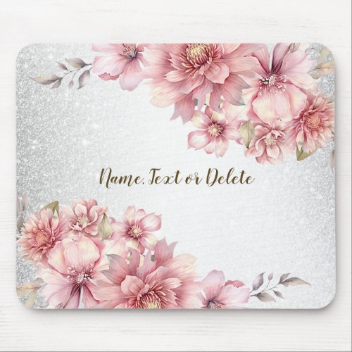 Pink Watercolor Flowers Shiny Glitter Modern Mouse Pad