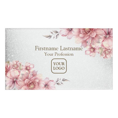 Pink Watercolor Flowers Shiny Glitter Modern Name Tag