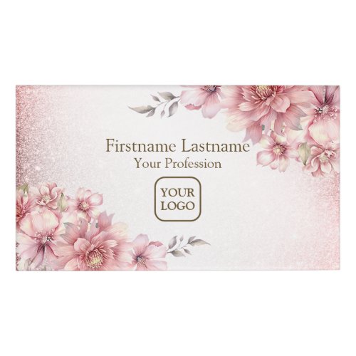 Pink Watercolor Flowers Shiny Glitter Modern Name Tag