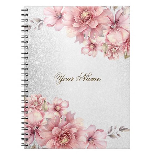 Pink Watercolor Flowers Shiny Glitter Modern Notebook
