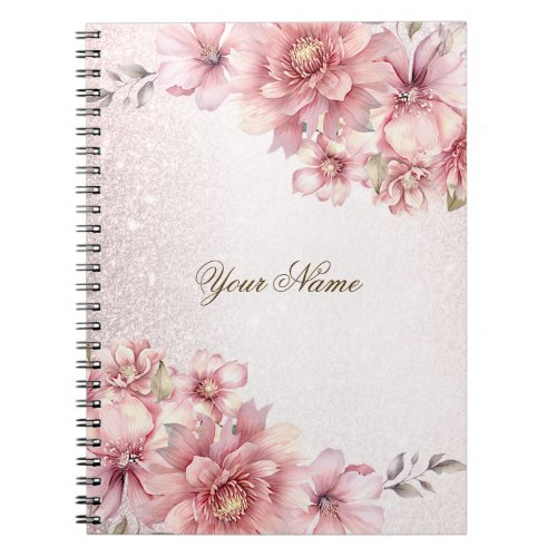 Pink Watercolor Flowers Shiny Glitter Modern Notebook