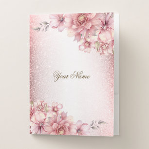 Pink Watercolor Flowers Shiny Glitter Modern Pocket Folder
