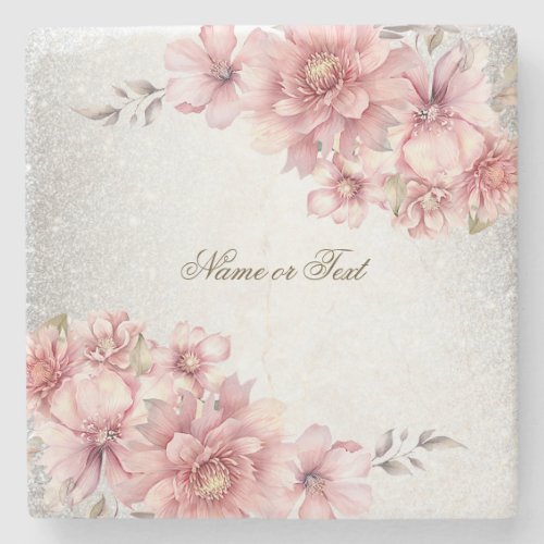 Pink Watercolor Flowers Shiny Glitter Modern Stone Coaster