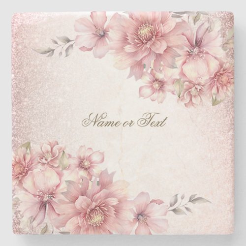 Pink Watercolor Flowers Shiny Glitter Modern Stone Coaster