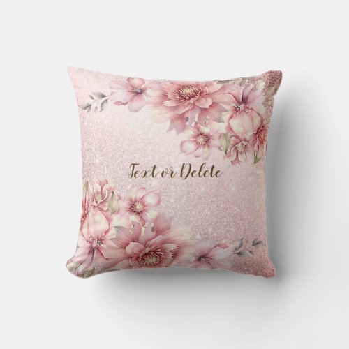 Pink Watercolor Flowers Shiny Glitter Modern Throw Pillow