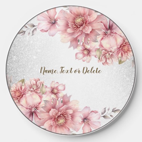 Pink Watercolor Flowers Shiny Glitter Modern Wireless Charger