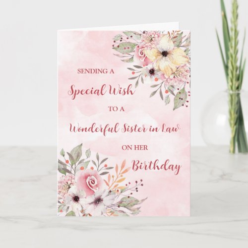 Pink Watercolor Flowers Sister in Law Birthday Card