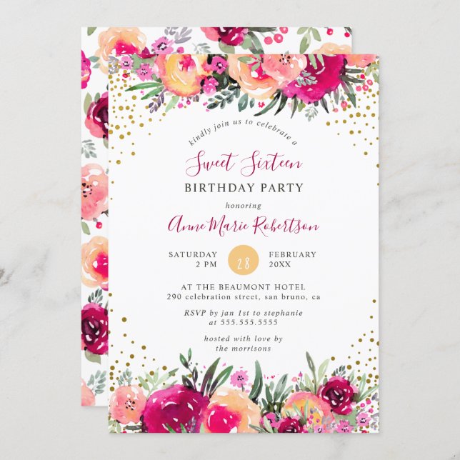 Pink Watercolor Flowers Sweet 16 Birthday Party Invitation (Front/Back)
