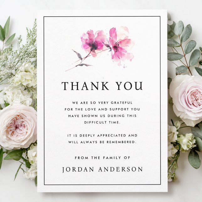 Pink watercolor flowers thin border funeral memori thank you card (Pink watercolor flowers thin border funeral memori thank you card)