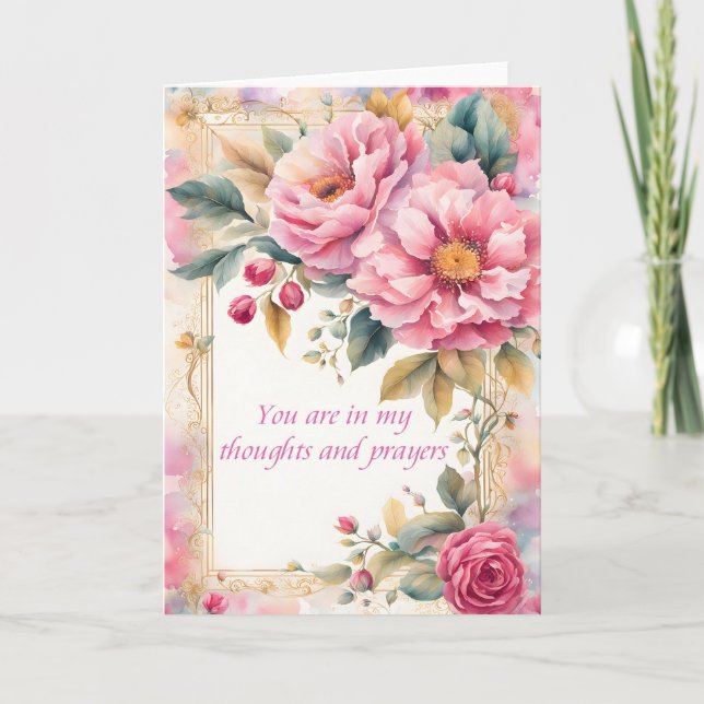 Pink Watercolor Flowers Thoughts and Prayers Card (Front)