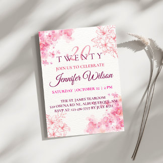 Pink Watercolor Flowers Twenty Birthday Invitation
