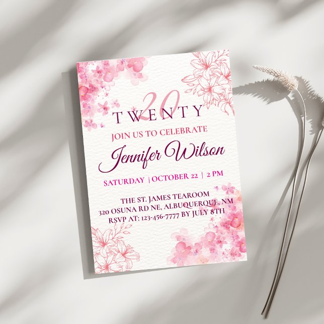 Pink Watercolor Flowers Twenty Birthday Invitation (Creator Uploaded)