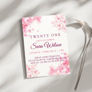 Pink Watercolor Flowers Twenty One Birthday Invitation