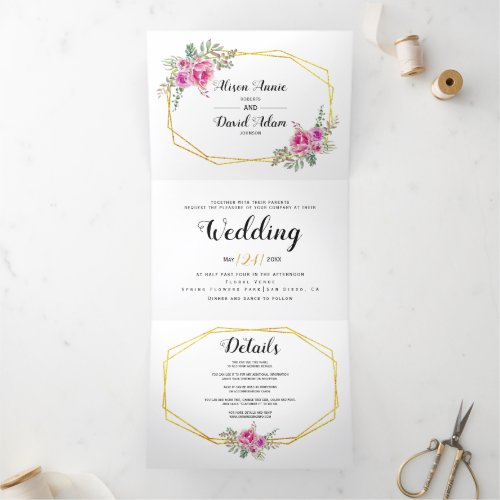 Pink watercolor flowers typography floral wedding Tri_Fold invitation