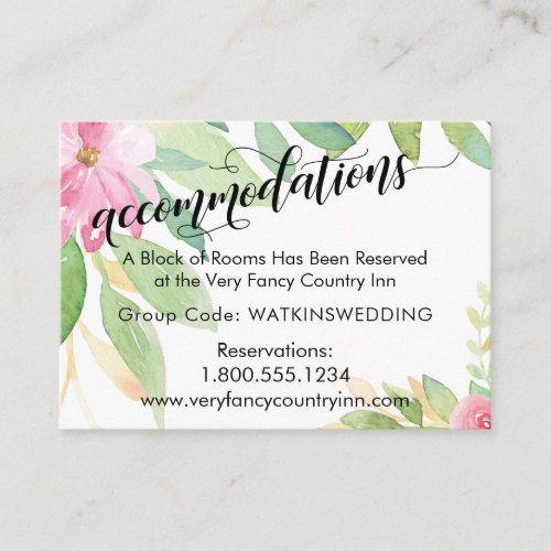 Pink Watercolor Flowers Wedding Accommodations Enclosure Card