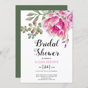 Pink watercolor flowers wedding bridal shower invitation