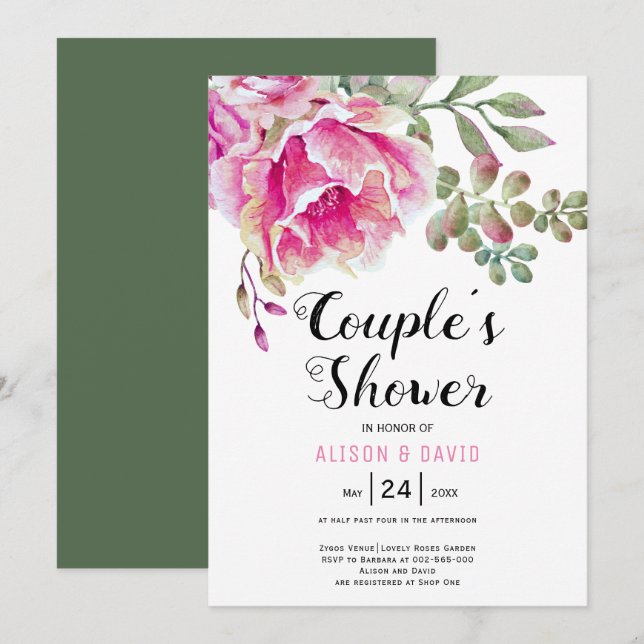 Pink watercolor flowers wedding couples shower invitation (Front/Back)