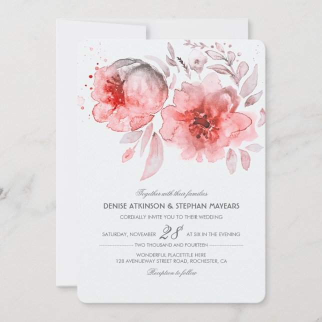 Pink Watercolor Flowers Wedding Invitation (Front)