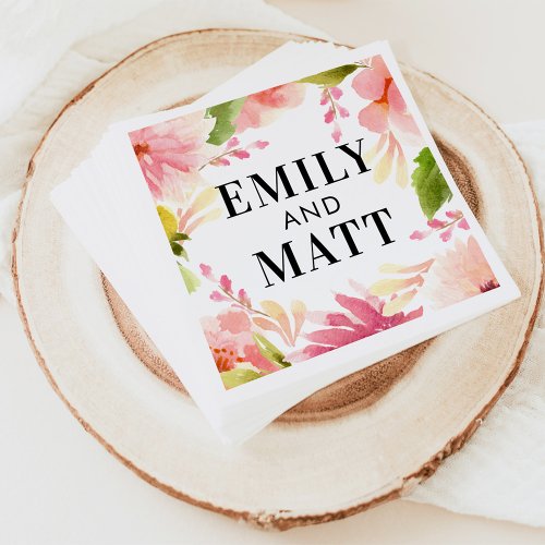 Pink Watercolor Flowers Wedding Monogram Napkins