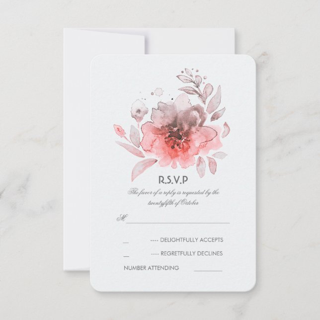 Pink Watercolor Flowers Wedding RSVP Card (Front)