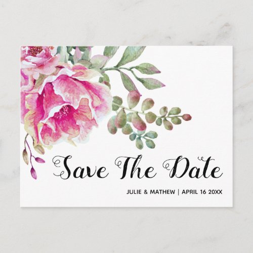 Pink watercolor flowers wedding Save the Date Announcement Postcard