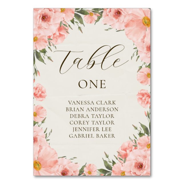 Pink Watercolor Flowers Wedding Table Number (Front)