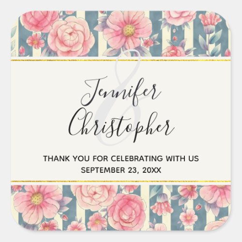 Pink Watercolor Flowers Wedding Thank You Square Sticker