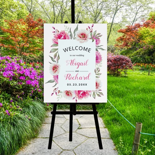 Pink watercolor flowers wedding welcome foam board